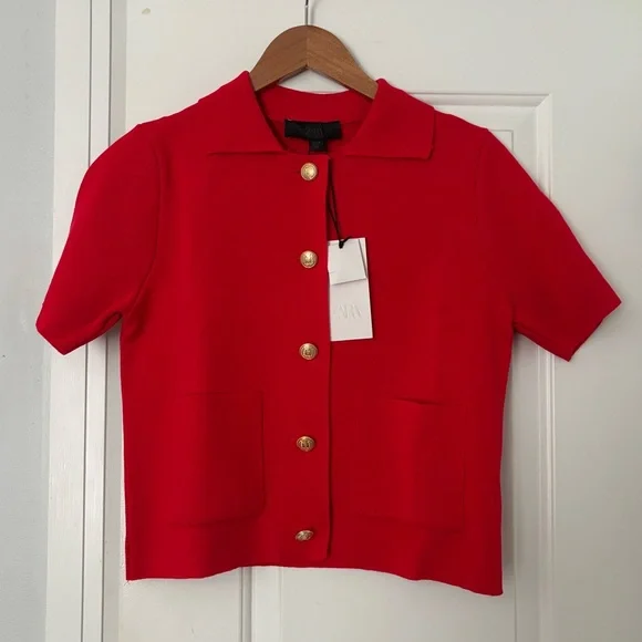 Zara Short Sleeve Knit Jacket Red Gold Button Down with Collar - Picture 2 of 4